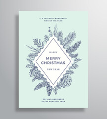 Canvas Print - Merry Christmas Abstract Vector Frame Greeting Card, Poster or Holiday Background. Sketch Fir-needles with Strobile, Holly, Mistletoe Branches and Flowers. Gentle Holiday Frame and Typography.