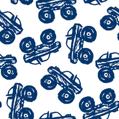 Wall Mural - Blue big monster trucks isolated on white background. Cute seamless pattern. Side view. Vector flat graphic hand drawn illustration. Texture.