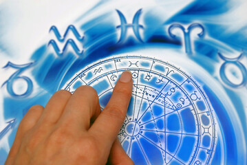Wall Mural - fortune teller hand with blue horoscope, zodiac symbols like astrology school and lessons and predic