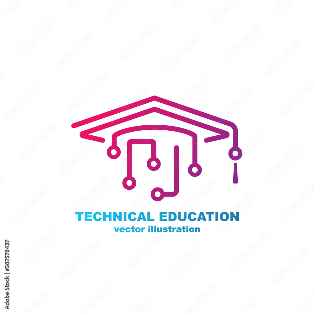 Technical education logo. Graduate cap and processor circuit ...
