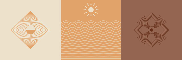 Fototapete - Vector set of linear boho icons and symbols - sun logo design templates  and pritns - abstract design elements for decoration in modern minimalist style