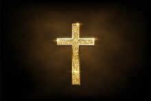 Religious Crusifix Symbol On Brown Fog Background. Vector Golden Shiny Orthodox Cross
