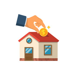 Man invests money in the house. Home is like a piggy bank. Vector illustration flat design. Isolated on white background. Coin in hand for the purchase of real estate. Construction financing.