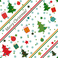 Seamless Christmas pattern with green trees, balls, gifts and snow. Endless illustration for web background.