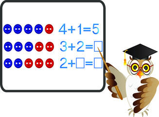 educational games for children, on the composition of the five, example with buttons with owl teache