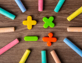 Mathematical math symbols with color chalks.
