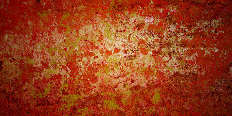 Wall Mural - Ancient wall with peeling plaster. Old concrete wall, panoramic with red golden blotches textured background, vignette