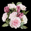 Blush pink roses and carmine tulips isolated on black background. Floral arrangement, bouquet of garden flowers. Can be used for invitations, greeting, wedding card.