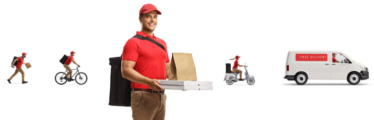 Wall Mural - Food delivery man with a bag and pizza boxes with other couriers and a van in the back