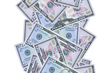 50 US Dollars Bills Flying Down Isolated On White. Many Banknotes Falling With White Copyspace On Left And Right Side