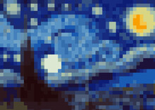 Abstract Pixel Art Background, Vector Illustration Inspired By The Painting Of Vincent Van Gogh, Moonlit Night. Glowing Moon And Starry Sky Abstract Background Impressionist Colors In A Modern Version