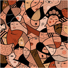 Vectorial Pattern With Faces Of People Of Different Cultures And Religions. Puzzle Of People Fighting For Justice, Equality And Human Rights.