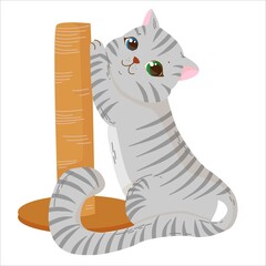 cute and fluffy kitten sharpens its feet on a scratching post, pet, striped gray plump cat walks or plays with, vector illustration isolated on a white background