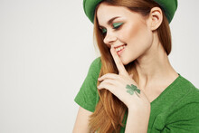 Happy Woman In Green Clothes In St Patricks Day Shamrock Hat Makeup Model