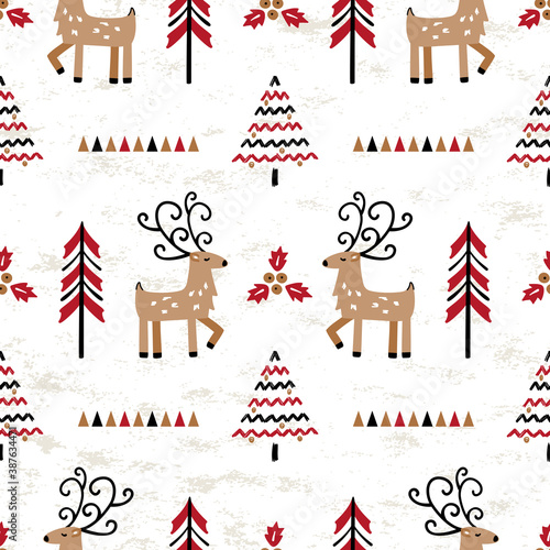 Cartoon Cute Reindeer and Winter Forest Abstract Background. Vector Seamless Christmas Pattern with Doodle Deers and Christmas Trees. New Year Holiday Wallpaper, Wrapping Paper