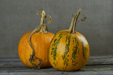 Orange Pumpkins On A Background Of Home-woven Fabric. Place For Text