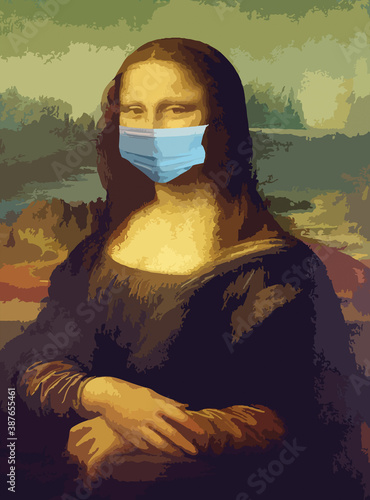Cuadros en Lienzo Leonardo da Vinci`s Mona Lisa painting with mask to protect himself from the Covid-19 coronavirus