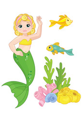 Wall Mural - Collection of marine inhabitants in the cartoon style of children. Vector set with sea animals and a mermaid