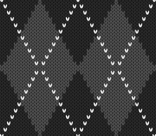 Knitted Argyle Halloween Pattern. Wool Knitinng. Scottish Plaid In Gray And Black Rhombuses. Traditional  Scottish Background Of Diamonds . Seamless Fabric Texture. Vector Illustration