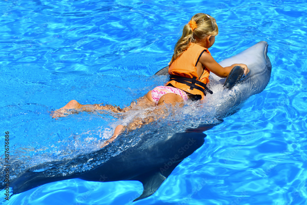 Obraz na płótnie A little girl rides a dolphin in the pool of the oceanarium with blue water. Joy. Pleasure. Plays with a cute sea whale. w salonie