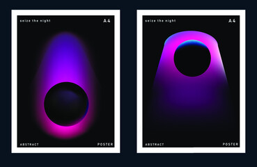 Wall Mural - set of minimal posters with abstract composition of glowing neon planets. synthwave and vaporwave st