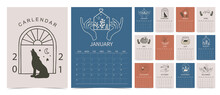 Line Hand Calendar 2021 With Flower,animal,mountain,bear,house In Boho Style
