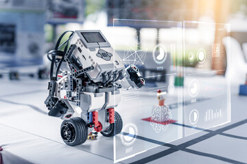 Toy blocks smart robot AI artificial intelligent Stem school kids learning education technology building block creative ideas construction development programming analysis, graphical icons UI screen