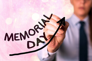 Writing note showing Memorial Day. Business concept for To honor and remembering those who died in military service Digital arrowhead curve denoting growth development concept