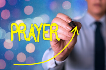 Wall Mural - Text sign showing Prayer. Business photo text solemn request for help or expression of thanks addressed to God digital arrowhead curve rising upward denoting growth development concept