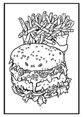 Wall Mural - Monster hamburger and french fries vector drawing. Halloween coloring template.	
