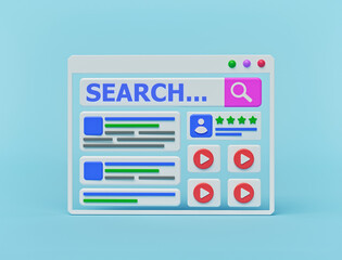 minimal cartoon style online browser window with search results. 3d rendering
