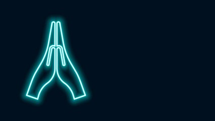 Wall Mural - Glowing neon line Hands in praying position icon isolated on black background. Prayer to god with faith and hope. 4K Video motion graphic animation