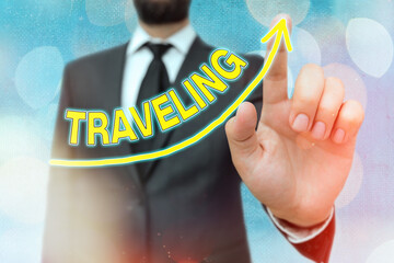 Word writing text Traveling. Business photo showcasing going to different places instead of staying in one place digital arrowhead curve rising upward denoting growth development concept