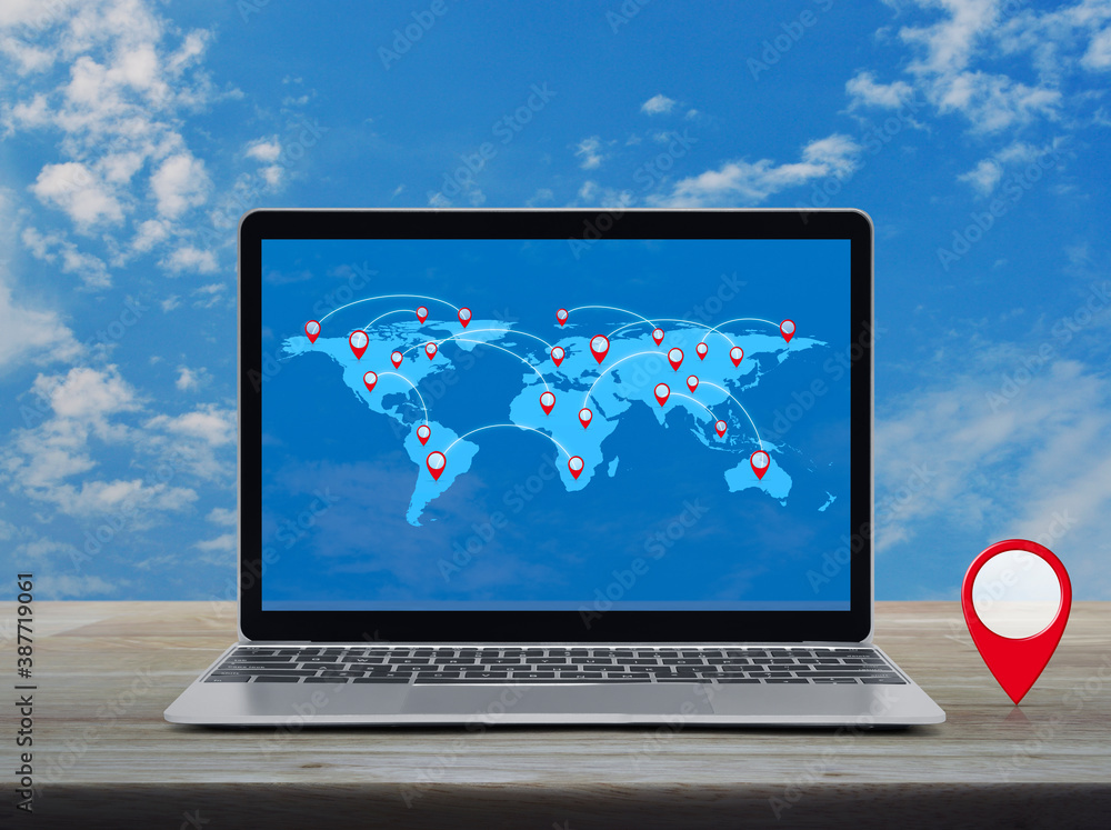First Computer Location Map Map pin location button with connection line and world map on modern ...