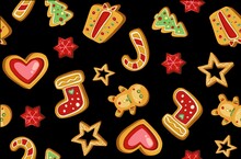Colorful Beautiful Christmas Cookies Icons Seamless Pattern. Sweet Decorated New Year Backings Background - Gingerbread Man Star Santa Snowflake Christmas Tree Ball Sock. Vector Illustration
