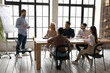 © fizkes - Confident young male speaker or coach stand make flip chart presentation for diverse colleagues in office. Businessman talk present business project on whiteboard for workers at meeting or training.