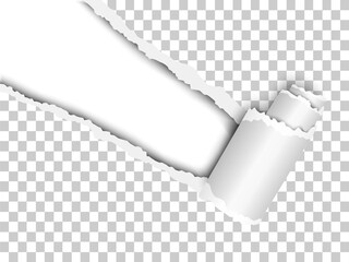 Wall Mural - Torn, snatched window placed diagonally from upper left corner in checkered transparent paper with paper curl. White background of the resulting hole. Template paper design.