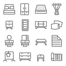 Bedroom Furniture Icon Illustration Vector Set. Contains Such Icon As Bed, Mattress, Blanket, Carpet, Dressing Table, Clothes Line, And More. Expanded Stroke