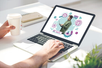 Canvas Print - Man using laptop with man and network icons