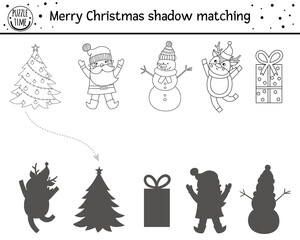 Poster - Christmas black and white shadow matching activity for children. Winter coloring page. Educational game for kids with cute snowman, deer, Santa. Find the correct silhouette worksheet. .