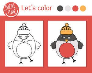 Christmas coloring page for children. Funny bullfinch. Vector winter holiday outline illustration with cute bird in warm hat. New Year party color book for kids with colored example.