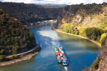 Wall Mural - view of the river rhine gorge to the historic lorelei rock and cargo barge