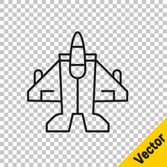 Sticker - Black line Jet fighter icon isolated on transparent background. Military aircraft. Vector.