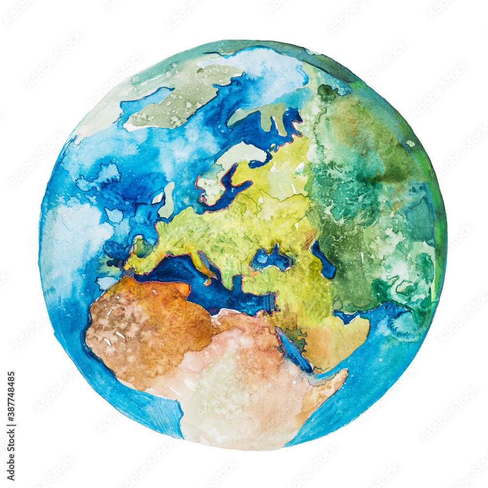 Europe and Africa on the globe. Earth planet. Watercolor. - obrazy, fototapety, plakaty 