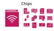 © crysis.design - chips set. included audiobook, test, maths, book, touchscreen, login, click, microscope, professor, pdf, instructor, online-learning, enter icons. filled styles.