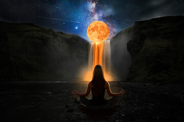 Wall Mural - woman doing yoga in front of a magic waterfall