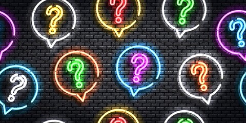 Poster - Vector realistic isolated neon sign of seamless pattern with questions for template decoration and covering. Concept of trivia night and question.