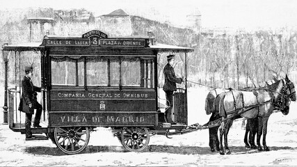 Wall Mural - Madrid, model of the carriages of the new Rippert bus line, inaugurated on April 1, 1882. Antique illustration. 1882.