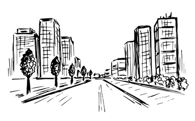 Hand-drawn black and white vector sketch. City center, avenue, alley, tall buildings, road. City landscape, simple drawing.