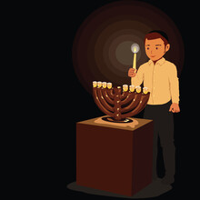 Lighting Hanukkah Candles (Jewish Holiday)
A Religious, Orthodox Child, Holding A Large Candle In His Hand, In Front Of Him Is A Menorah On A Table.
Vector Drawing In Warm Tones